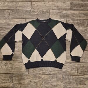 VTG New River Argyle Knit Sweater XL Green Navy White Oversized Academia